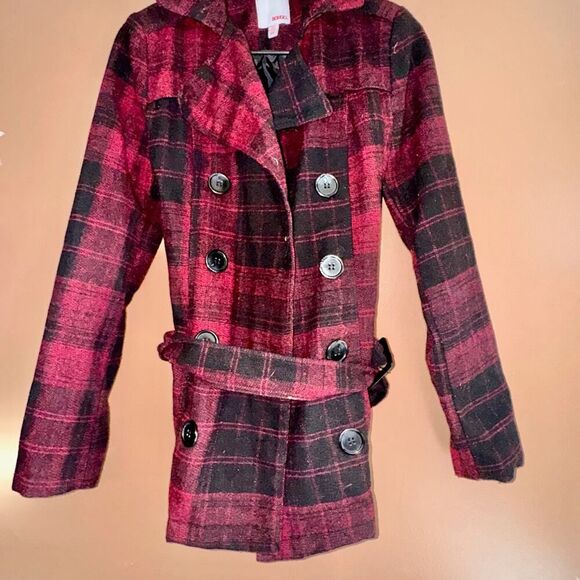 Bongo Women's Double Breasted Red Plaid Button Pea Coat - Size Small - Picture 5 of 10